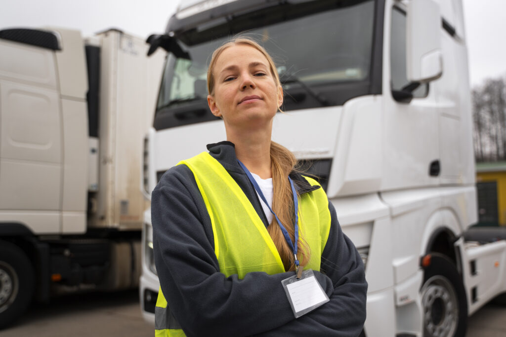 Femme chauffeur posant fièrement devant son camion cabine