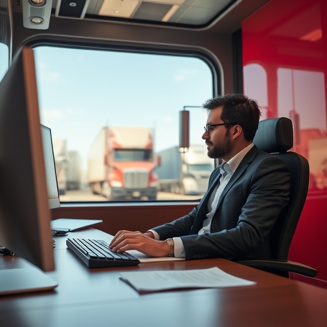 Gérant d'une société de transport en train de consulter son organisation sur son ordinateur