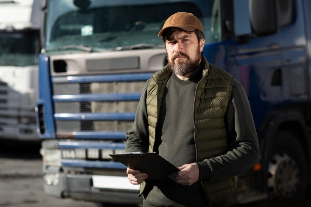 Transporteur installé devant son camion