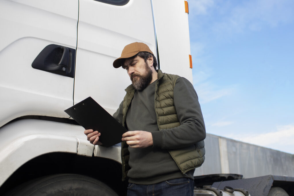 Chauffeur d'un camion plateau consultant son agenda des livraisons