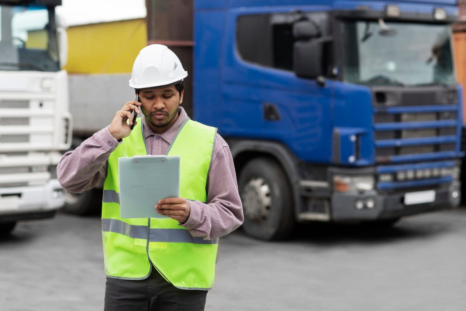 Chauffeur de camion au téléphone avec un client