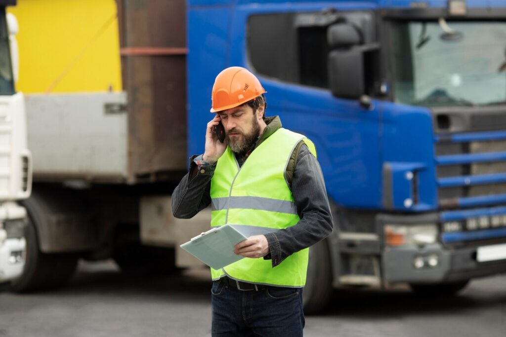 Un chauffeur au téléphone devant son camion