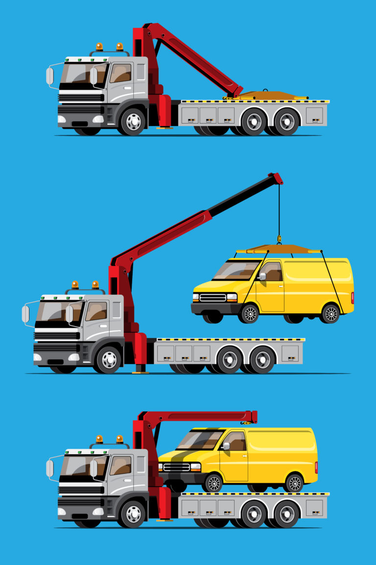 Illustration d'un camion entrain de lever une voiture et de la charger sur son plateau.
