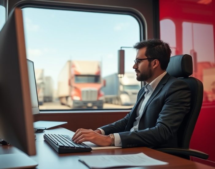 Organisation informatique de la logistique d’une société de transport Gérant d'une société de transport en train de consulter son organisation sur son ordinateur